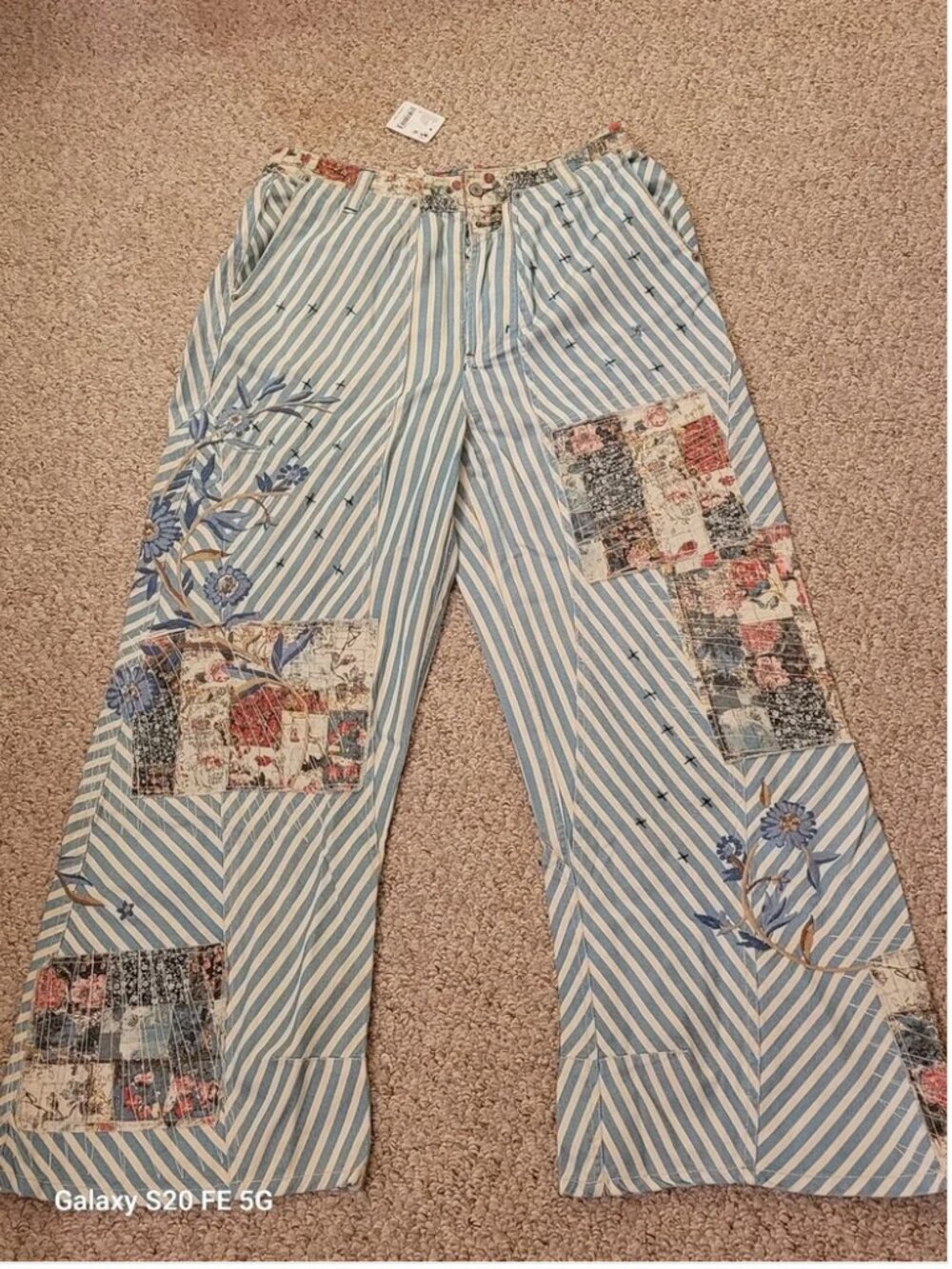 Free People NWT Patchwork Wide Leg Railroad Stripe Cotton Fabric Jeans Pants - Picture 4 of 7